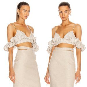 Jacquemus Le Haut Pampelonne Linen Crop Top Gathered Ruffles Sz 36 in Natural